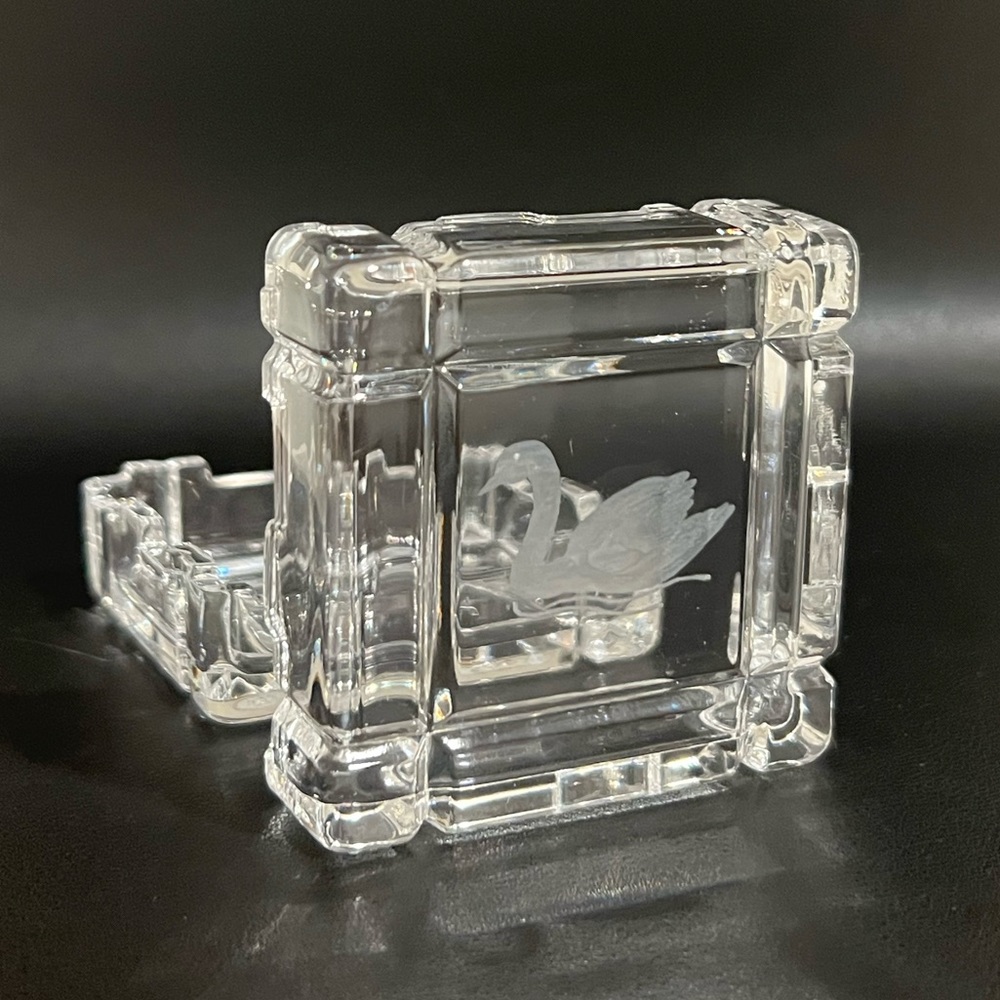Square Clear Crystal Jewelry Trinket Box w/Lid Etched Swan Italy